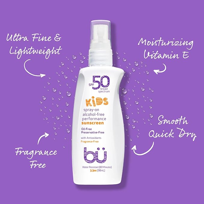 BU SPF 50 Fragrance Free Kids Sunscreen Spray for Face and Body, TSA Travel Size Sunscreen, Clear Non Aeorsol Spray, Non Greasy, Water Resistant and Oil Free, 3.3 oz and 1 oz (2-Piece Bundle)-GlimoraGlow