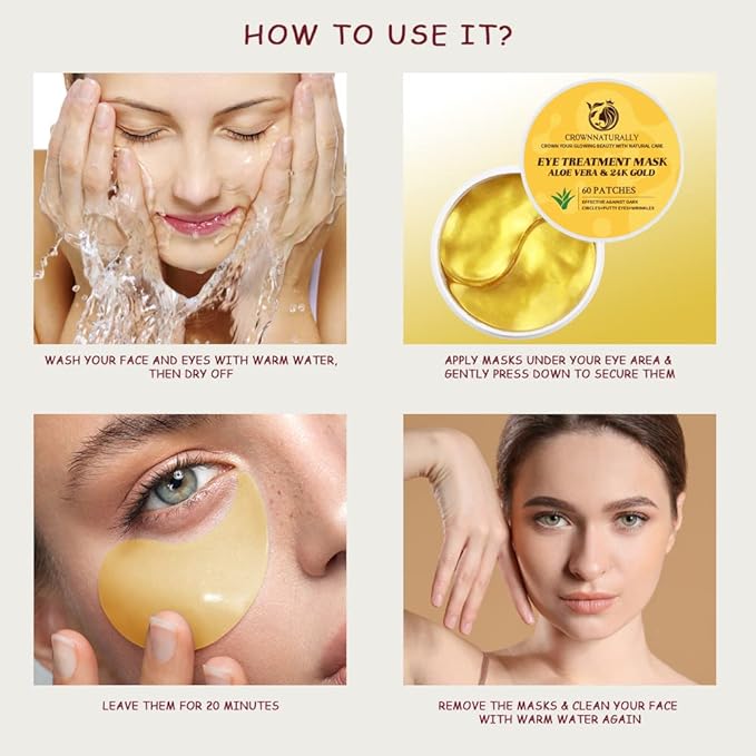 120PCS Under Eye Patches 24K Gold Eye Mask with Aloe Vera Natural Ingredients, Moisturizing Skin Care with Hyaluronic Acid and Collagen for Anti-Wrinkle, for Dark Circles and Puffiness-GlimoraGlow