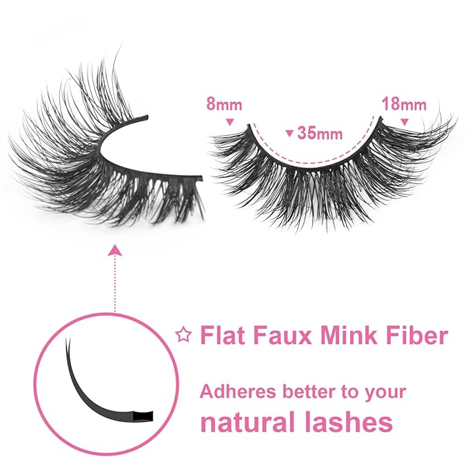 Mink Lashes False Eyelashes Natural Look Wispy Cat Eye Flat Lashes 3D Mink Lashes Natural Fake Lashes 18mm Strip Lashes Pack 7 Pairs-GlimoraGlow