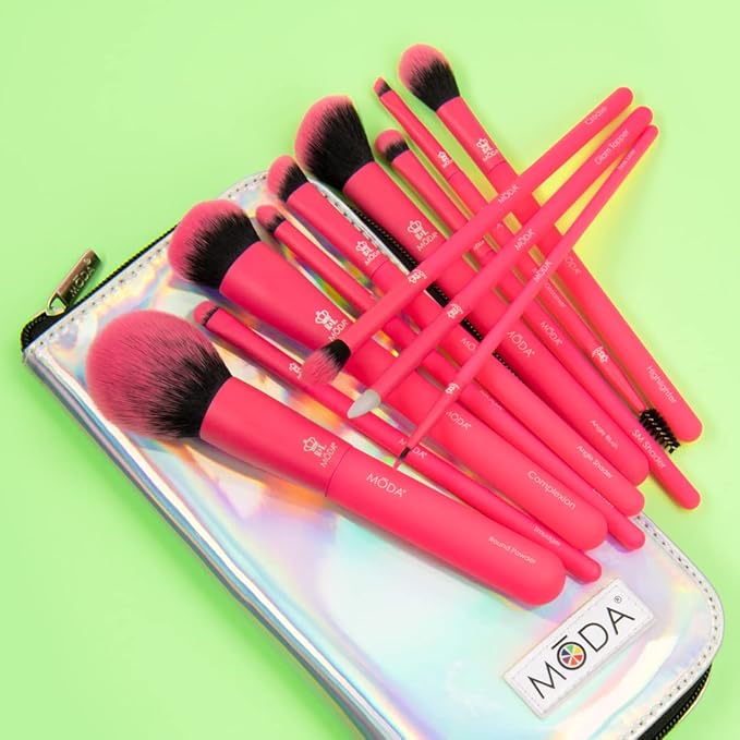 MODA Totally Electric Neon Full Face Makeup Brush Kit – 13pc Vibrant Brush Set for Face & Eyes with Zip Case (Neon Pink)-GlimoraGlow