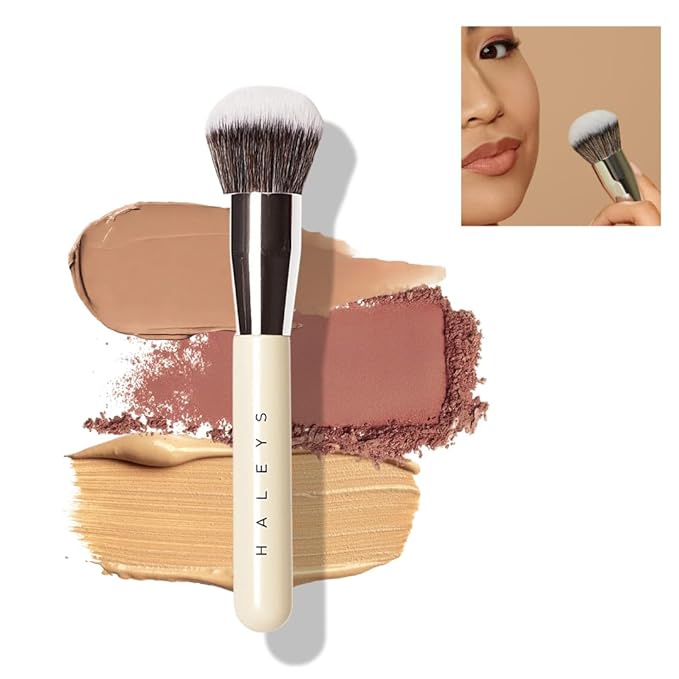 HALEYS Kabuki Makeup Brush VEGAN+CRUELTY-FREE, Sustainable Wood, Vegan Bristles for Airbrushed Finish, For Creams, Liquids, Powder, Streak-free, Perfect Blending, Buffs, Blurs, Smooths with Control-GlimoraGlow