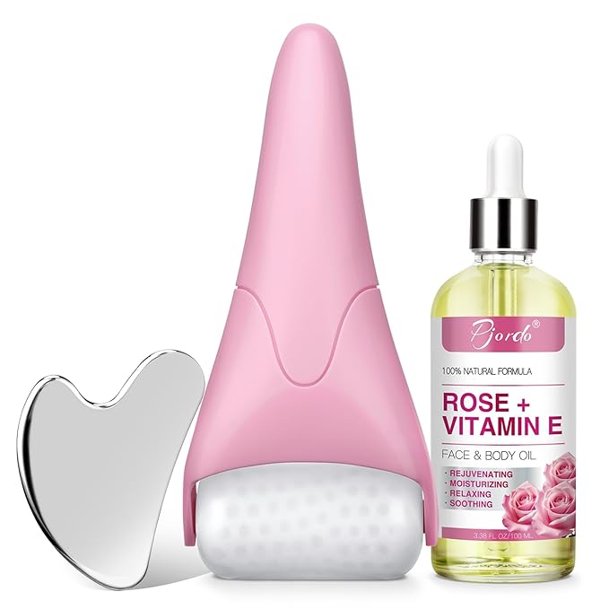 Ice Roller for Face & Eye, Vitamin E Rose Oil & Gua Sha Set, Gua Sha Oil for Face & Body, Reduces Puffiness Relieves Migraines Skin Care Tools, Facial Massager Tool & Self Care Gifts for Women-GlimoraGlow