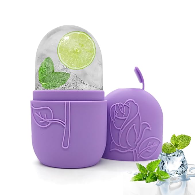 Ice Face Roller Massager for Face, Reusable Silicone Ice Cube Mold, Facial Beauty Ice Roller, Reduce Puffiness and Dark Circles, Minimize Pores & Improve Skin Texture (Purple)-GlimoraGlow