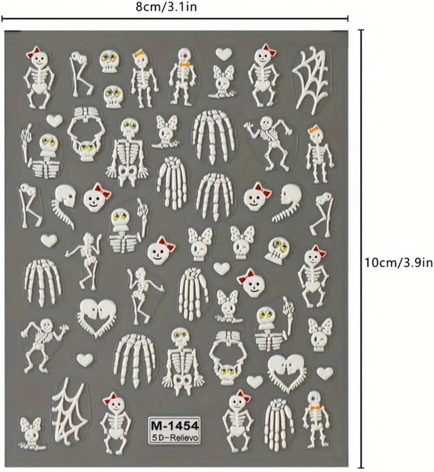2 Sheets Halloween 5D Embossed Nail Art Stickers - Skeleton, White Skull Nail Stickers with Spider Web Heart Design - Self-Adhesive Horror Decals for Women - Art Supplies and Decorations-GlimoraGlow