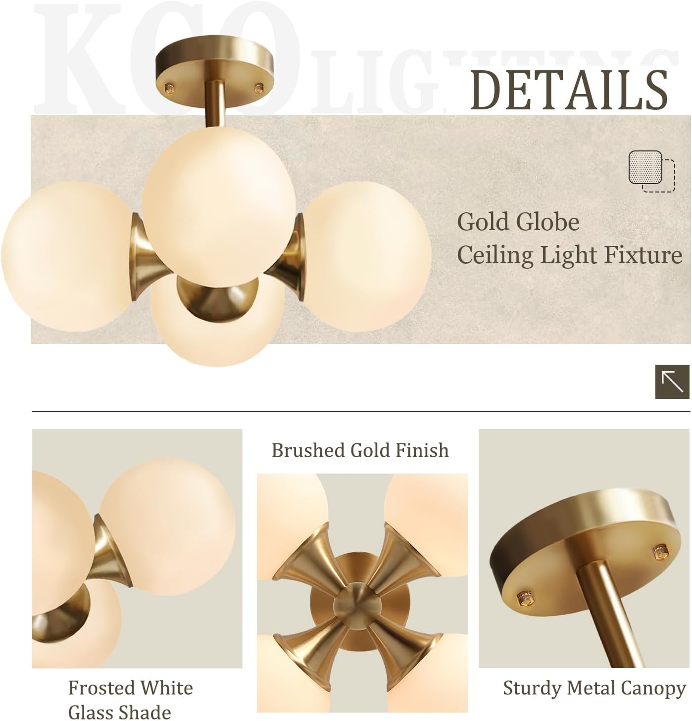 KCO Lighting Antique Brass 4-Light Ceiling Light Mid-Century Frosted Glass Globe Chandelier Modern Flush Mount Ceiling Light Fixtures for Bedroom Living Room