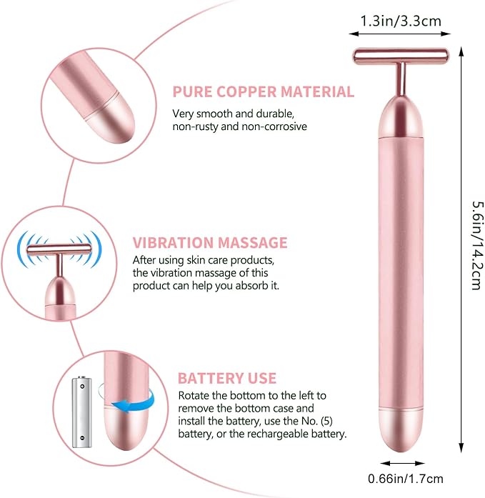 2 Pack T Shape Face Massager Beauty Bar Golden & Pink Facial Massager, Portable Electric Vibration Face Neck Body Massager for Firming Lifting Anti Aging Skin Tightening Wrinkle Reducing-GlimoraGlow