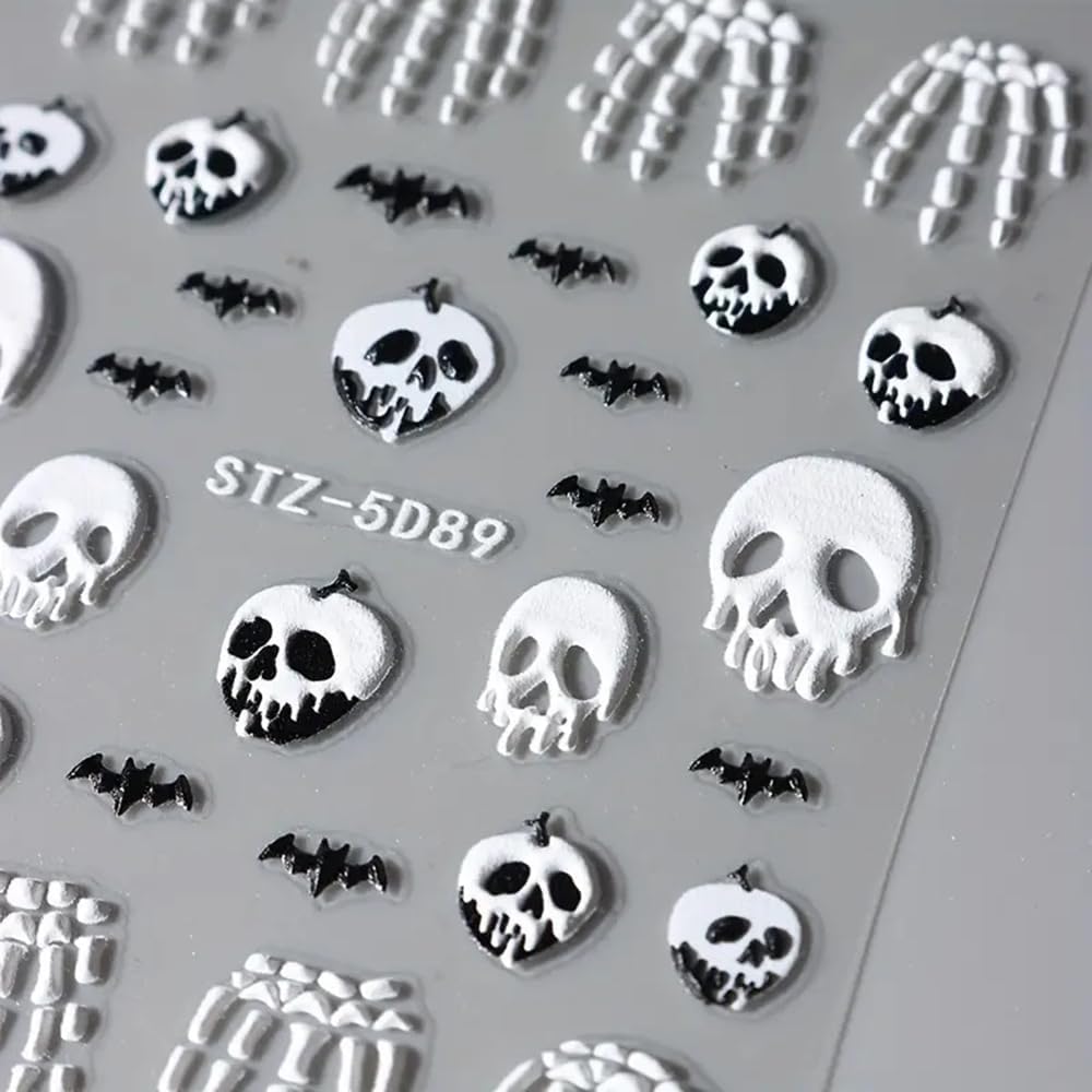 2 Pcs Halloween Nail Art Stickers 5D Embossed Scary Skull Self-Adhesive Nail Decals Halloween Stickers Bat Bones of The Dead Designs Nail Decorations Holiday DIY Acrylic Nail Accessories for Women-GlimoraGlow