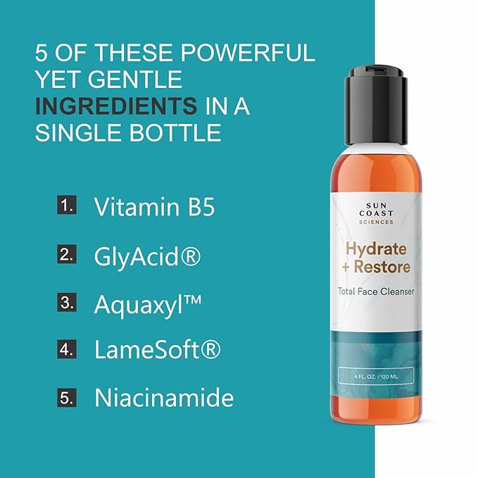 SUN COAST SCIENCES - Hydrate + Restore Total Face Cleanser, Vitamina B, Hydrating Facial Cleanser With Niacinamide for All Skin Types - 4 fl oz-GlimoraGlow