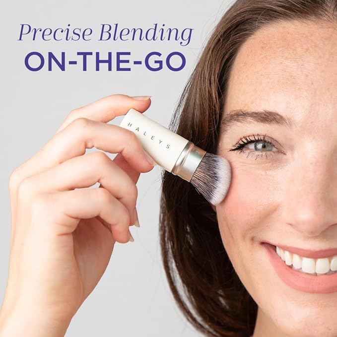 HALEYS Retractable Face Brush, VEGAN Dense, Angled Bristles & Adjustable Sleeve, Portable Makeup Brush for Quick, Easy Streak-Free Blending of Liquids, Creams, Powders, Travel-friendly Mess-Free Cap-GlimoraGlow