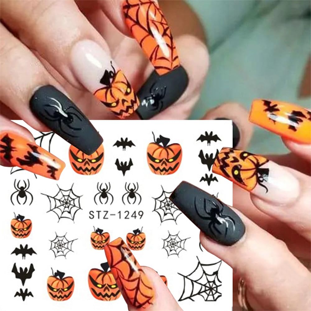 12 Sheets Halloween Nail Art Sticker Decals Horror Water Transfer Nails Foils Pumpkin Ghost Skull Spider Blood Evil Eye Halloween Design Nail Art Decoration Nail Slider Decal for Women DIY Nail Supply-GlimoraGlow