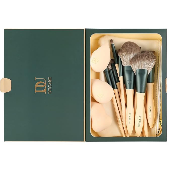 DUcare Makeup Brushes 14Pcs with 3Pcs Makeup Spong & Cosmetic Bag - Lime Mojito Series Makeup Brush Set for Foundation Blending Face Powder Blush Concealers Eye Shadows-GlimoraGlow