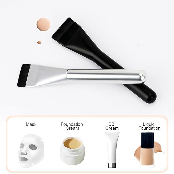 2Pcs Flat Foundation Brush,Face Mask Brush Makeup Spatula Facial Brush for Liquid Foundation Mask,Premium Face Korean Makeup Brush for Blending Cream (Silver&Silver)-GlimoraGlow