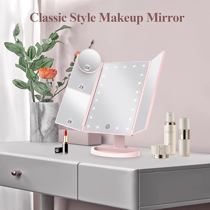 HUONUL Makeup Mirror Vanity with Lights, 2X 3X 10X Magnification, Lighted Mirror, Touch Control, Trifold Dual Power Supply, Portable LED Women Gift (Pink)-GlimoraGlow