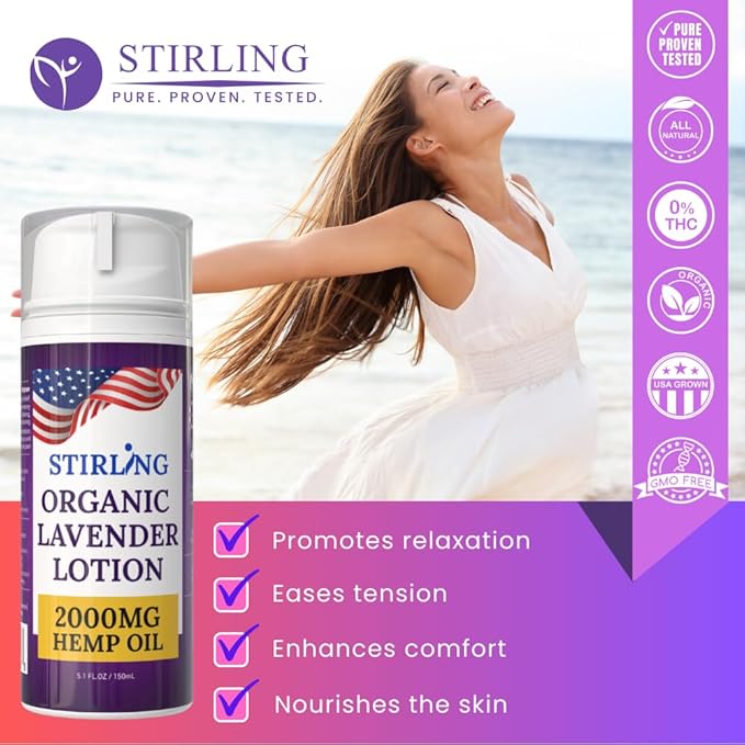 STIRLING Lavender Lotion – Organic Lavender with 2000mg Hemp Oil, Aloe Vera, and Vitamin E – Nourishing and Moisturizing Body Lotion for a Soft and Smooth Feel-GlimoraGlow