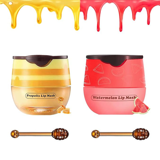 2 PCS Bee Lip Balm Honey Pot, Honey Watermelon Bee Lip Balm Sleeping Lip Mask Overnight with Sticks, Honey Pot Lip Balm Hydrating Exfoliating Prevention Dry and Crack Lip Scrubs-GlimoraGlow