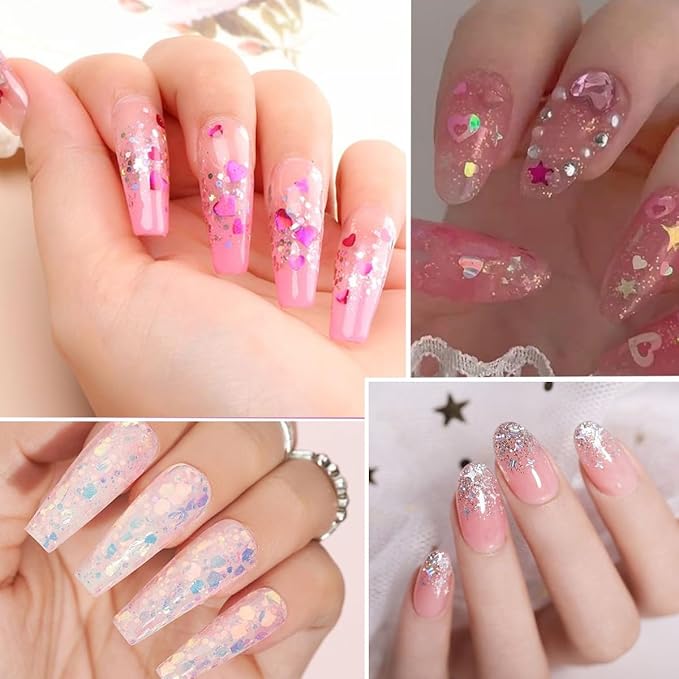 12 Grids Star Nail Art Glitter Sequins Heart Shaped Mermaid Nail Sequins Holographic Mermaid Nail Flakes Sticker Sequin Heart Nail Art Glitter for Women DIY Acrylic Nail Decoration-GlimoraGlow