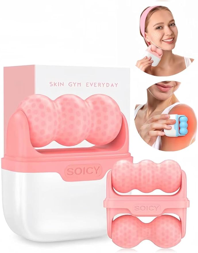 Ice Roller for Face with Gua Sha, Travel ice Roller Cold Therapy Tools, Cold Facial Ice Roller Massager for Eye Puffiness, Migraine, TMJ Pain Relief & Minor Injury (Pink)-GlimoraGlow