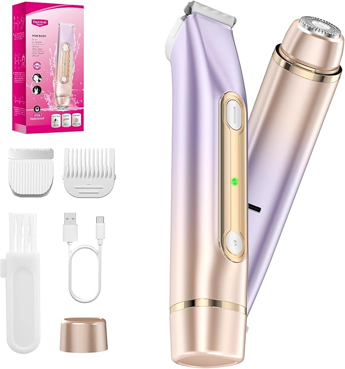 2 in 1 Bikini Trimmer for Women, Dual Head Electric Razor, IPX7 Waterproof Wet/Dry Use Women Electric Shaver, Painless Body Facial Hair Remover for Bikini Legs Arm Underarm, (Purple)-GlimoraGlow