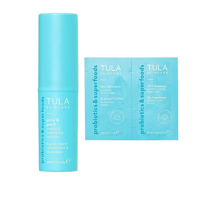 TULA Skin Care Eye Balm Glow & Get It + 24-7 Hydrating Day Night Cream & Purifying Cleanser Dual Packette - Dark Circle Treatment, Instantly Hydrate and Brighten Undereye Area, 0.35 oz.-GlimoraGlow