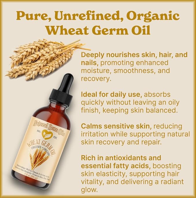 Natural Born Oils Wheat Germ Oil. 4oz. 100% Pure, Natural, Organic, Cold-pressed, Unrefined, Rejuvenating, Rich in Vitamin E. Moisturizer for Skin Hair-GlimoraGlow