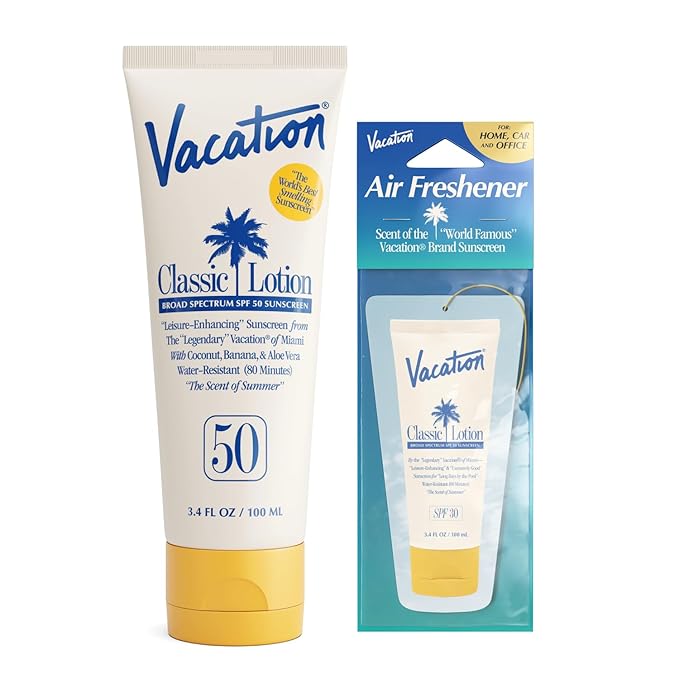 Vacation Classic Sunscreen Lotion SPF 50 & Air Freshener Bundle, Water-Resistant, Lightweight, Transparent on All Skin Tones, Dermatologist-Tested, Vegan, Travel Size, 3.4 Fl. Oz.-GlimoraGlow
