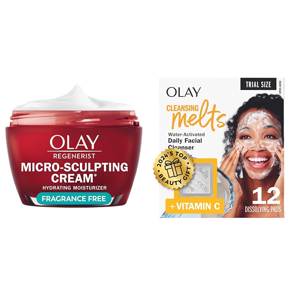 Olay Micro-Sculpting Cream, Fragrance-Free (1.7 oz) + Cleansing Melts Vitamin C Face Cleanser (12 ct) - Face Moisturizer for Women, Anti-Wrinkle, Firming Skin Care & Water-Activated Face Wash-GlimoraGlow