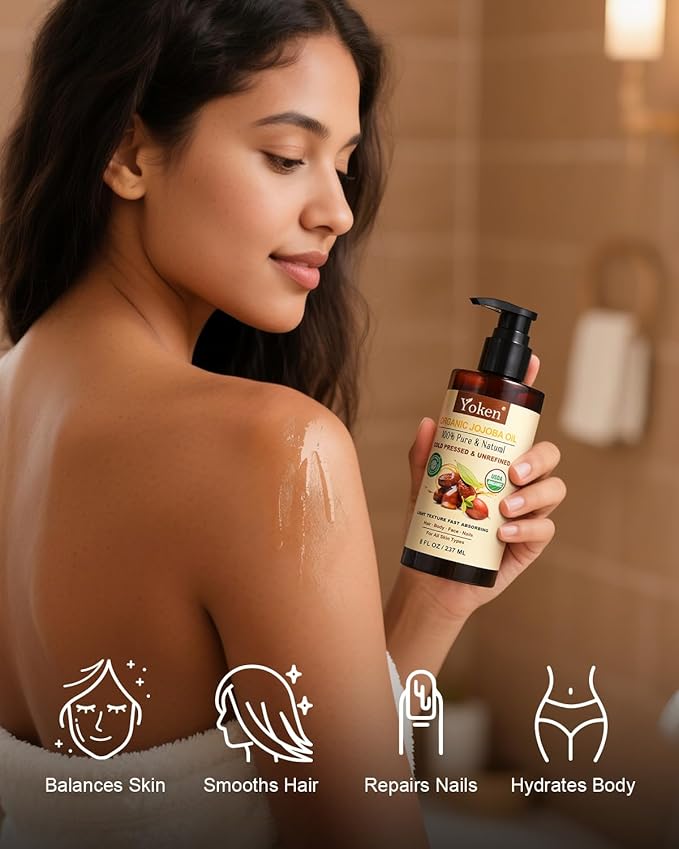 Yoken USDA Organic Jojoba Oil Cold Pressed 8 fl oz, 100% Pure & Natural Unrefined Jojoba Oil for Face Hair & Skin Massage, Hexane Free, Deeply Moisturizing Body Carrier oils Multi-Purpose Serum-GlimoraGlow