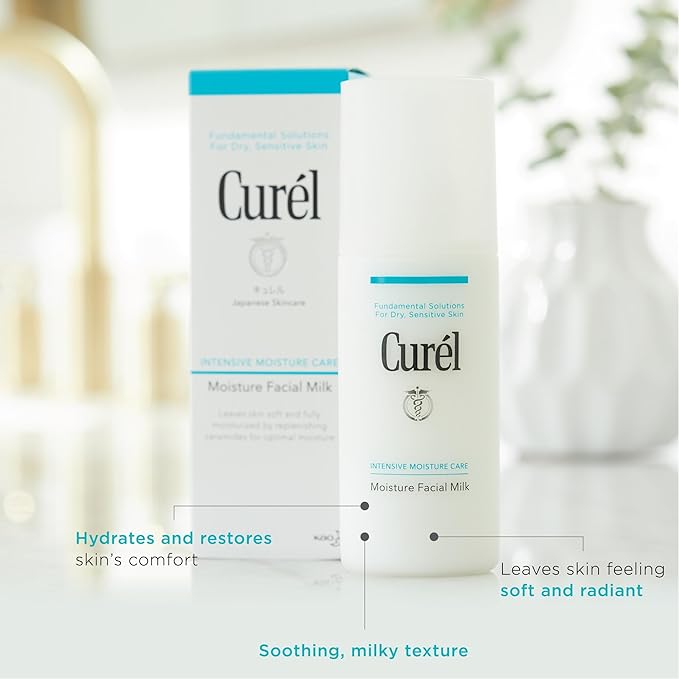 Curel Japanese Skin Care Moisture Facial Milk Moisturizer, Daily Face Lotion for Dry Sensitive Skin, pH Balanced, Unscented Advanced Ceramide Care Face Cream without Drying Alcohols, 4 oz-GlimoraGlow