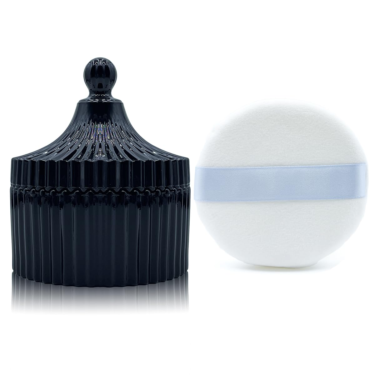 Ultra Soft Powder Puff and Container 3.3" High Density Velvet Dusting Washable Reusable Powder Puff,Body Powder Puff and Glass Jar Holder Loose Powder Box with Puff for Face Makeup(Black)-GlimoraGlow