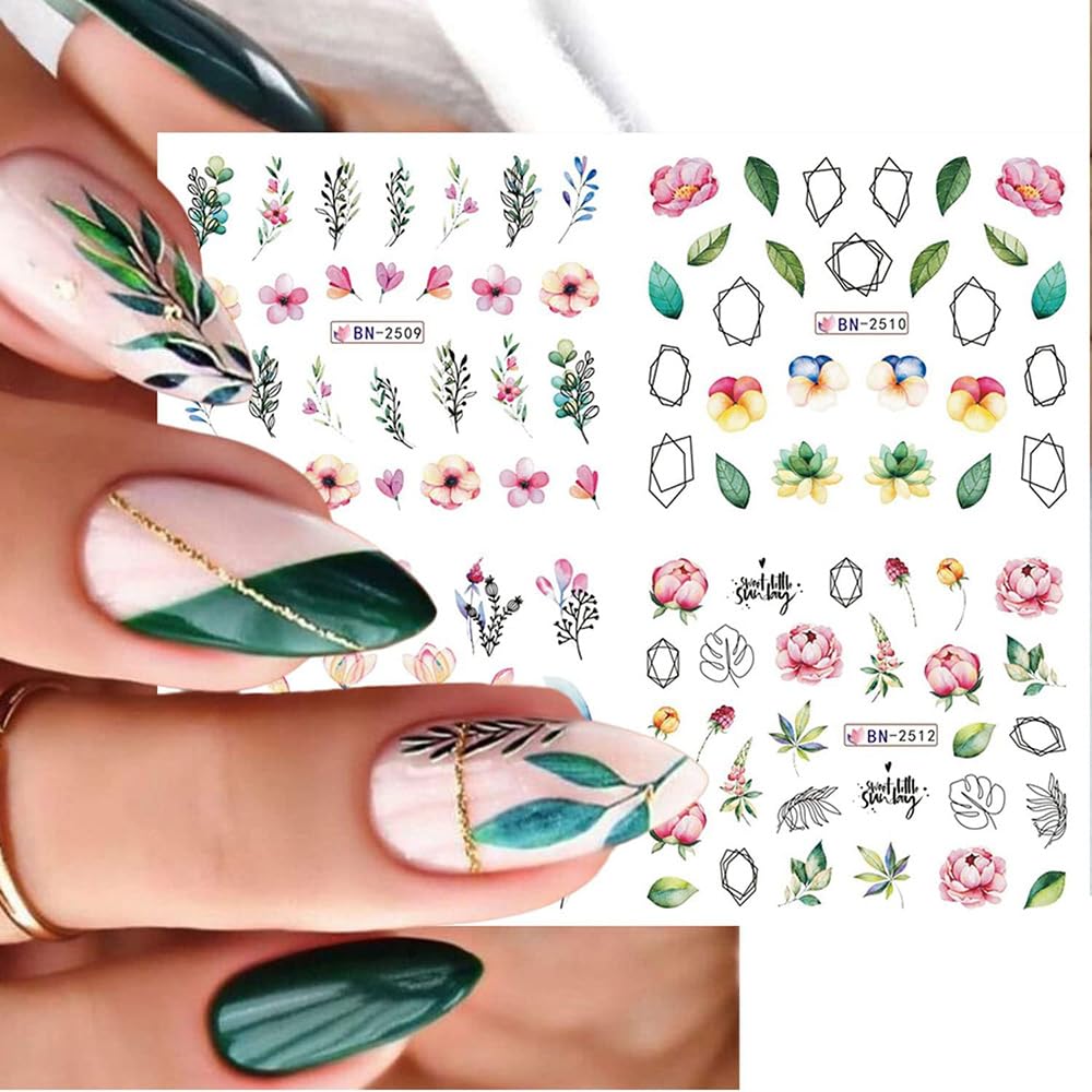 12 Sheets Flower Nail Water Transfer Decals, Nail Art Stickers for Women, Holographic Colorful Flower Leaf Patterns Nail Designs Supplies, Acrylic Nails Decorations DIY Resin Nail Decal Tattoos Set-GlimoraGlow