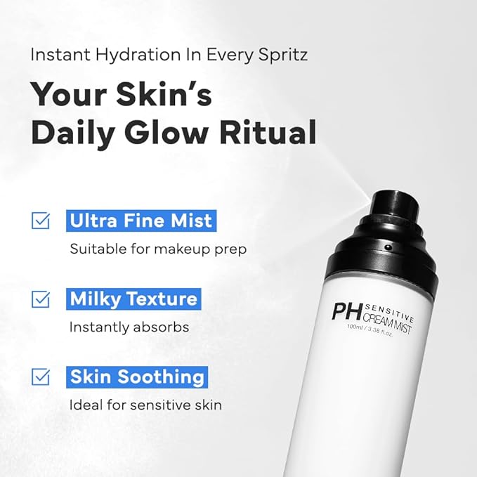 SAM'U PH Sensitive Cream Mist, Ceramide Face Mist, Hypoallergenic Facial Spray with Hyaluronic Acid & Centella, Hydrating & Quick Absorbing, Korean Skin Care for Dry & Sensitive Skin, 3.38 Fl. Oz-GlimoraGlow