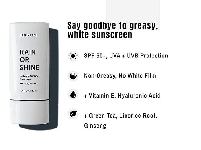 RAIN OR SHINE Anti Aging Face Sunscreen SPF 50 for Clear Skin with Green Tea, Hyaluronic Acid, Vitamin E Oil, Ginseng Extract, Licorice Root – SPF Moisturizer for Face, Fragrance Free 2.03 Oz-GlimoraGlow