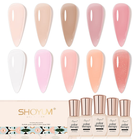 Jelly Pink Gel Nail Polish Set, 10 Colors Spring Summer Nude Kit Milky White Natural Gel, Soak Off LED DIY Art Salon Manicure Gifts for Girls.-GlimoraGlow