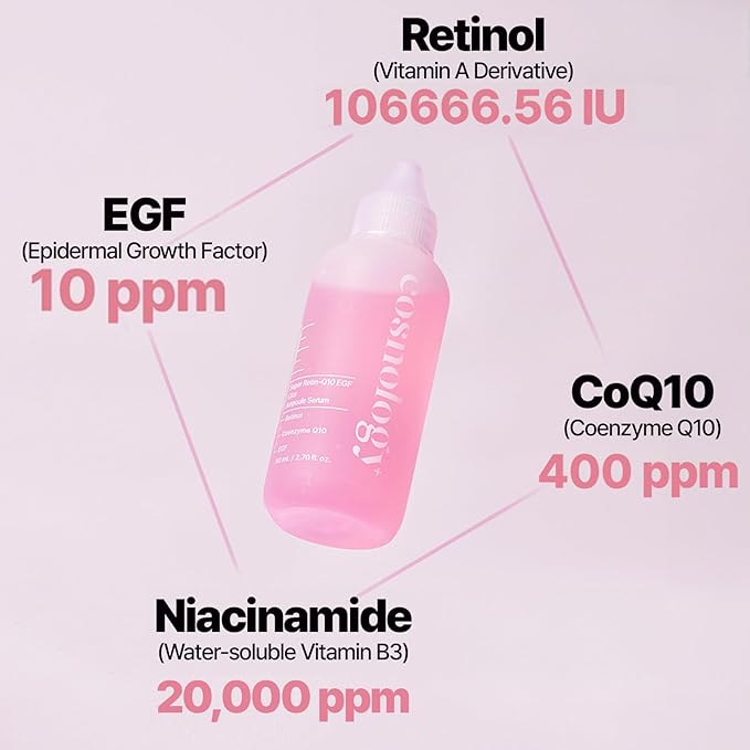 COSNOLOGY Retinol Anti-aging Serum with Coenzyme Q10,EGF,Pore Minimizing,Wrinkle Reduction,Centella Extract for Skin Soothing & Hydration | Clean Beauty, 2.70 fl.oz(80ml) | Korean Skincare-GlimoraGlow