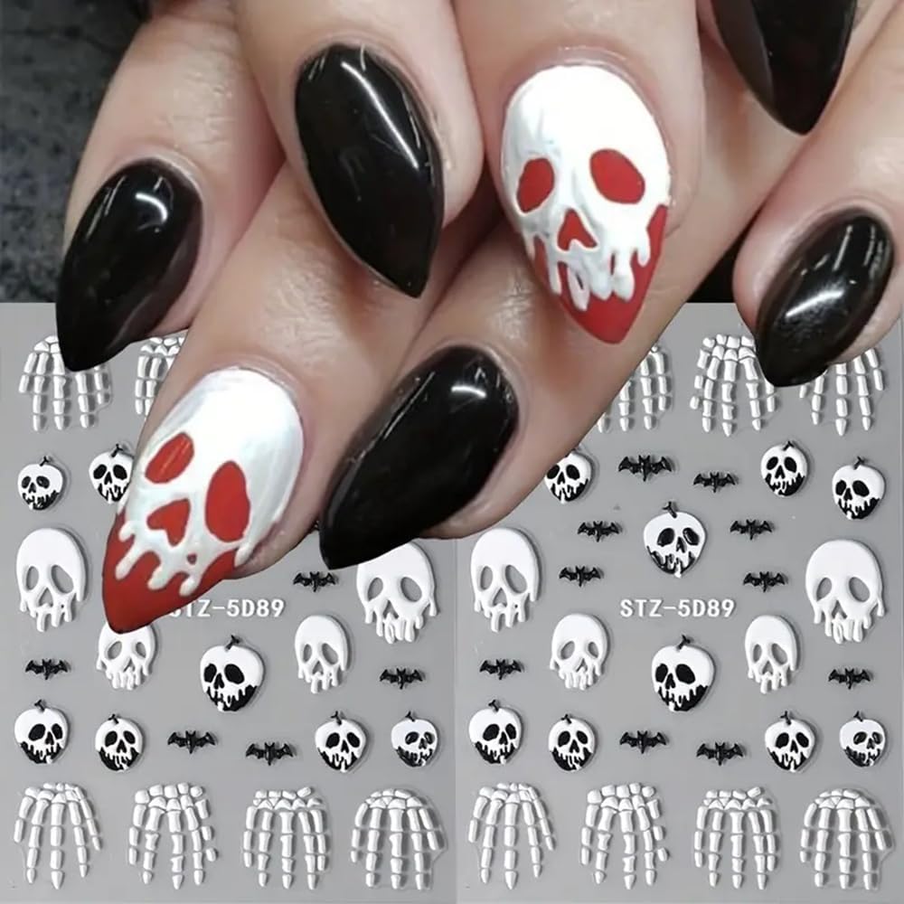 2 Pcs Halloween Nail Art Stickers 5D Embossed Scary Skull Self-Adhesive Nail Decals Halloween Stickers Bat Bones of The Dead Designs Nail Decorations Holiday DIY Acrylic Nail Accessories for Women-GlimoraGlow