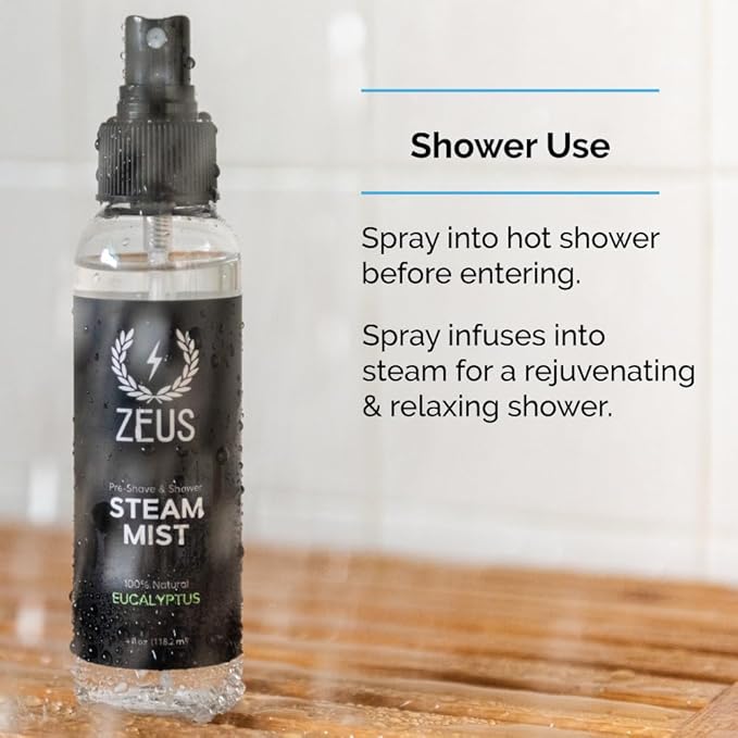 ZEUS 100% Natural Eucalyptus Oil Steam Mist, Aromatherapy Spray for Shower, Sauna, Bath & Pre-Shave, Nasal Relief & Spa-Inspired Refreshment (Made in USA) 4 oz.-GlimoraGlow