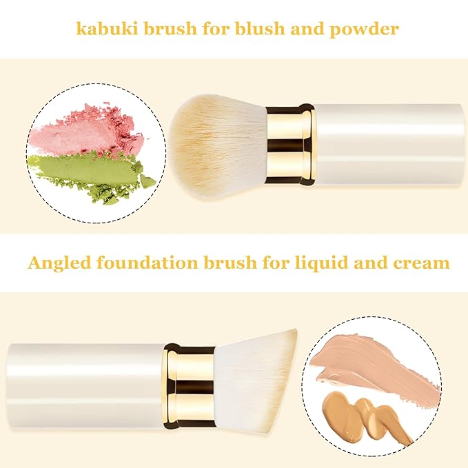 Makeup Brush, Retractable 2 Pack Travel Kabuki Powder Makeup Brush, Foundation Face Blush Brushes for Blending Liquid, Blush, Bronzer, Buffing, Sunscreen,Flawless Cosmetics-GlimoraGlow