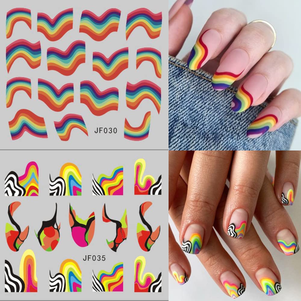 12 Sheets Colorful Stripes Nail Art Stickers Geometric Rainbow Wave Design Water Transfer Nail Decals for Nails Art Abstract French Pattern Acrylic Slider Nail Foils for Women Manicure Nail Decor-GlimoraGlow