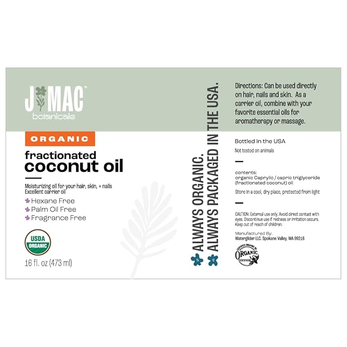 J MAC BOTANICALS Organic Fractionated Coconut Oil (16 Ounce Glass Bottle) Organic Carrier Oil and for DIluting Essential Oils, Moisturizer, Hair Care-GlimoraGlow