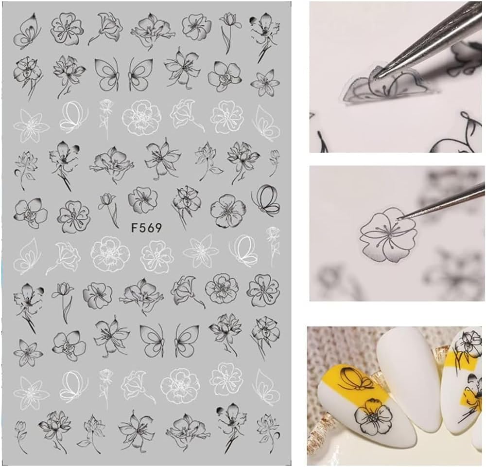10 Sheets Black White Leaves Flower Nail Art Stickers 3D Self-Adhesive Retro Floral Vine Pattern Nail Decals Tropical Plants Mandala Leaf Geometry Transfer Decals Nail Art Decorations for Women Girls-GlimoraGlow