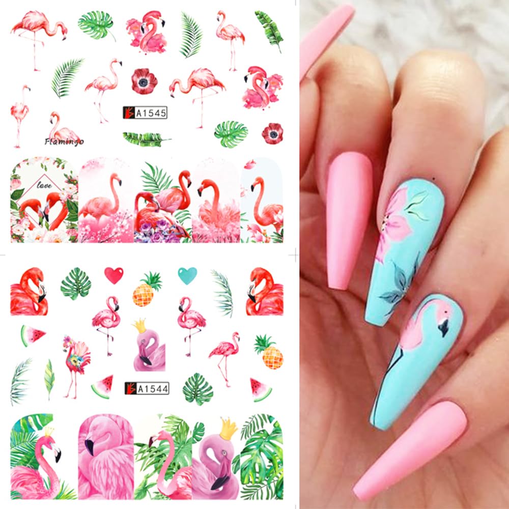 12 Sheet Flamingo Nail Art Stickers Cute Flamingo Green Leaf Design Water Transfer Nail Decals Summer Nail Art Decorations Waterproof Acrylic Nail Stickers for Women DIY Manicure Tips-GlimoraGlow