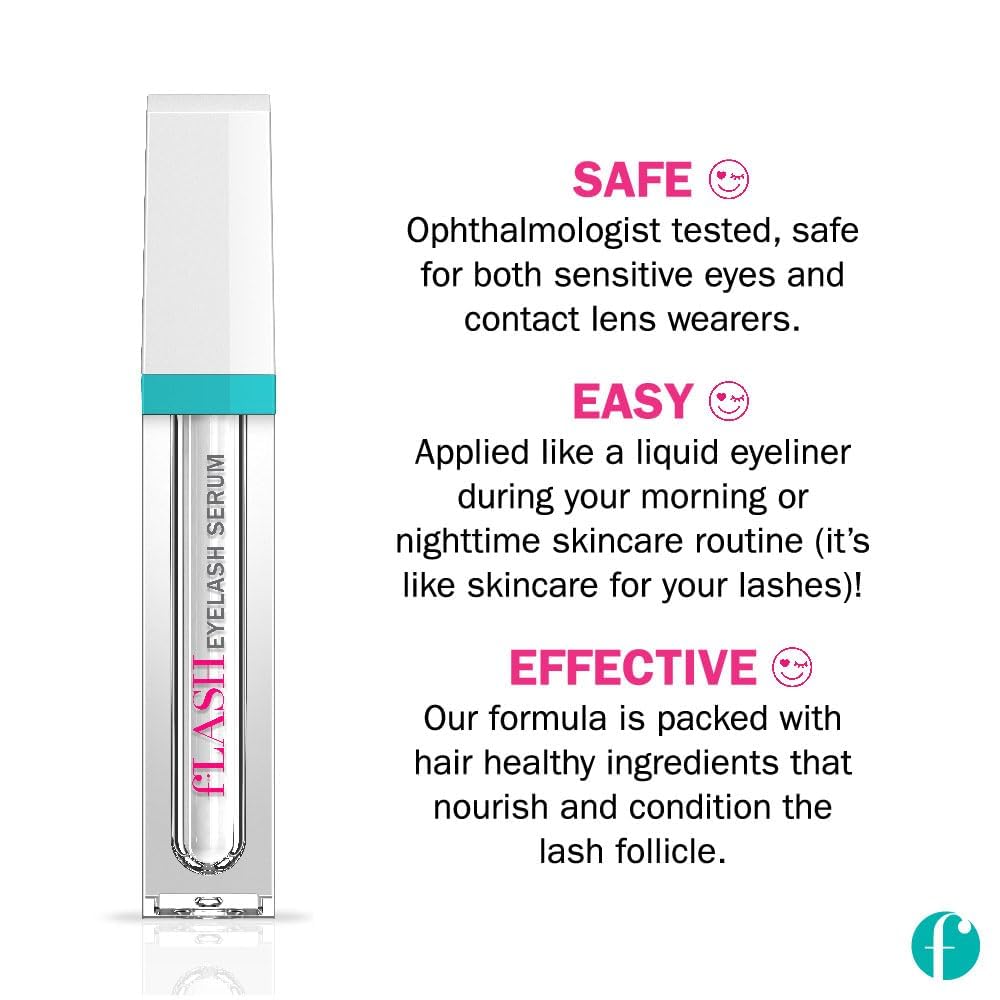 fLASH Eyelash Serum for Long, Curled Natural Lashes - Enhances & Strengthens, Safe & Effective Formula for Contact Wearers & Sensitive Eyes, 3 Month Supply - 2mL (0.07 Fl Oz)-GlimoraGlow