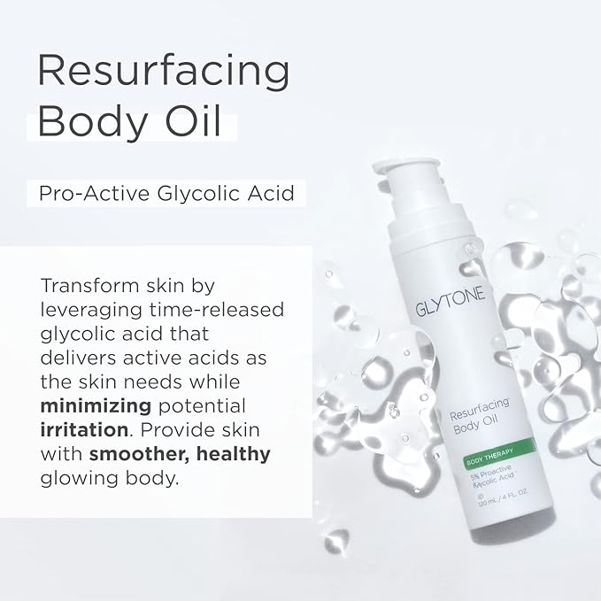 Glytone Resurfacing Body Oil– Nourishing & moisturizing anti aging Body Oil for dry Skin & Keratosis Pilaris –5% Proactive Glycolic Acid After Shower oil for Body–Unscented, Non Toxic 4 Fl oz-GlimoraGlow