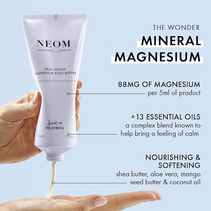 Neom - Magnesium Body Butter | 6.76 Fl Oz (200ml) | Lavender, Sandalwood & Jasmine | Calming Lotion with Essential Oils | 100% Natural Fragrances | Nourish & Soften | Signature De-Stress Scent-GlimoraGlow
