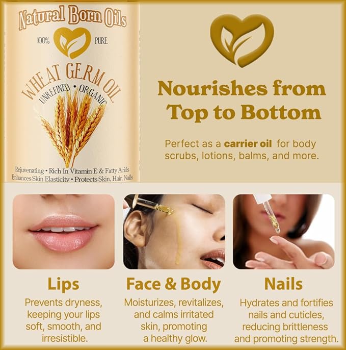 Natural Born Oils Wheat Germ Oil. 4oz. 100% Pure, Natural, Organic, Cold-pressed, Unrefined, Rejuvenating, Rich in Vitamin E. Moisturizer for Skin Hair-GlimoraGlow