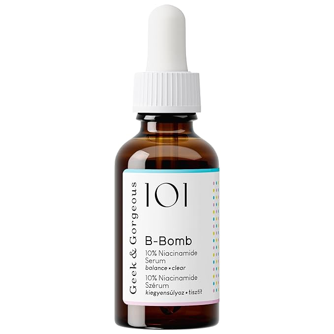 Geek & Gorgeous - B-Bomb - 10% Niacinamide Serum, Zinc PCA & Sarcosine, helps enlarged pores, oiliness and blemishes, combination skin, 1 oz-GlimoraGlow