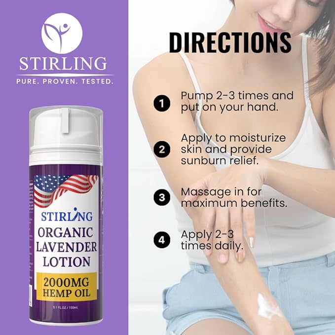 STIRLING Lavender Lotion – Organic Lavender with 2000mg Hemp Oil, Aloe Vera, and Vitamin E – Nourishing and Moisturizing Body Lotion for a Soft and Smooth Feel-GlimoraGlow