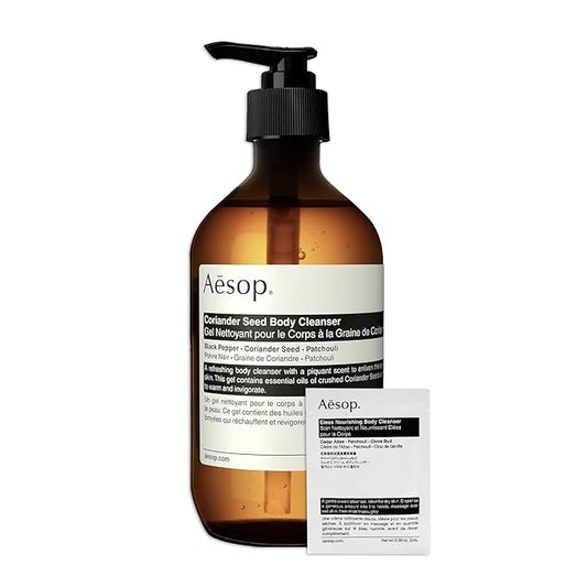 Aesop Coriander Seed Body Cleanser | Refreshing & Invigorating | Spicy, Woody, Warm | 16.9 oz / 500mL + Eleos Nourishing Body Cleanser Sample-GlimoraGlow