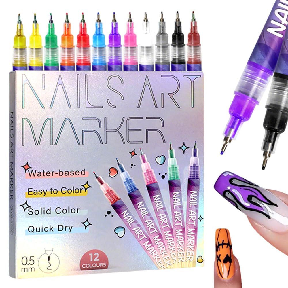 12 Colors Nail Art Pens Set, 2025 Upgrade Nail Art Markers for Gel Nails, 3D Nail Polish Pens, Drawing Painting Point Dotting Pen Acrylic Paint Marker for DIY Nails Art Manicure Tools (1 Set)-GlimoraGlow