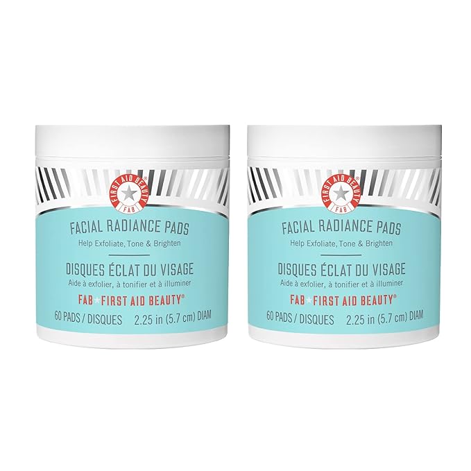 First Aid Beauty – Facial Radiance Pads with Glycolic & Lactic Acids, Daily Exfoliating with AHA that Helps Tone & Brighten Skin, Makeup Prep Pads, Compostable for Daily Use, 60 Count, 2ct-GlimoraGlow